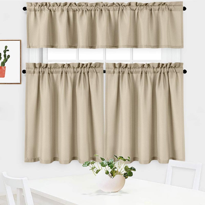 NANAN 3 Pieces Cafe Curtain Setï¼ˆ2 Curtain Tier & 1 Valanceï¼‰, Waffle Woven Half Window Curtains for Bathroom Waterproof Kitchen Window Treatment Set, Plaza Taupe - Image 1